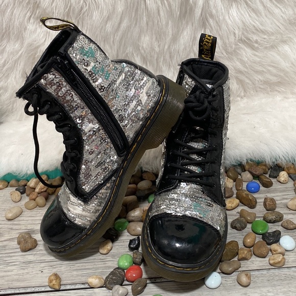 Dr. Martens Shoes Dr Martens Pooch Silver Sequins Combat Boots Side